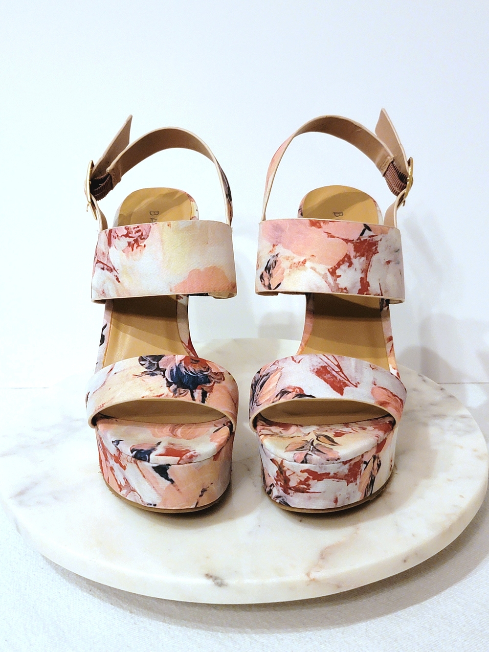 BAMBOO Peach Pastel Nude Pink Floral Blush Mauve Platform Wedge Slingback Heels